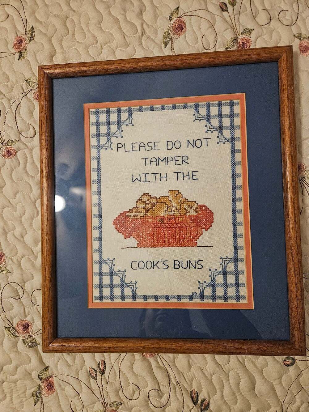 Vintage Framed 'Please Do Not Tamper With The Cook's Buns' Cross Stitch Wall Art